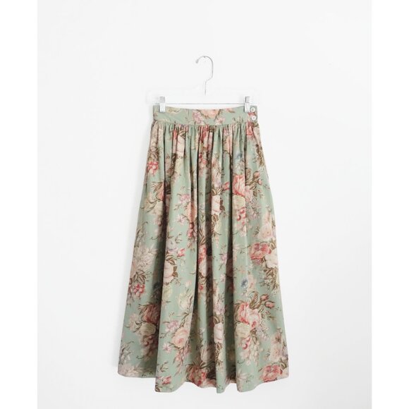 Vtg 80s 90s Ralph Lauren Dusty Green Floral Print Wrap Top + Midi Skirt Set XS 2 - Picture 4 of 8